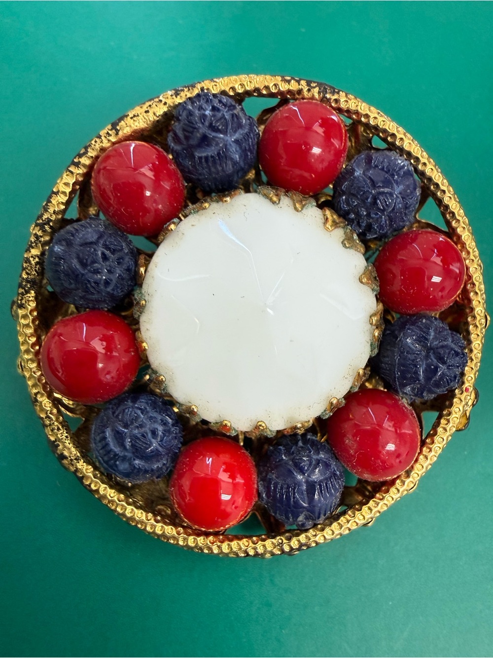 Vintage Freirich Brooch with Red, Navy & White Cabochons
